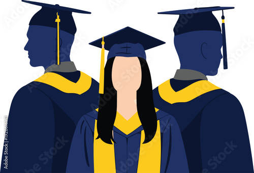 Graduates wearing cap and gown illustration, university graduation ceremony students isolated on white background vector artwork