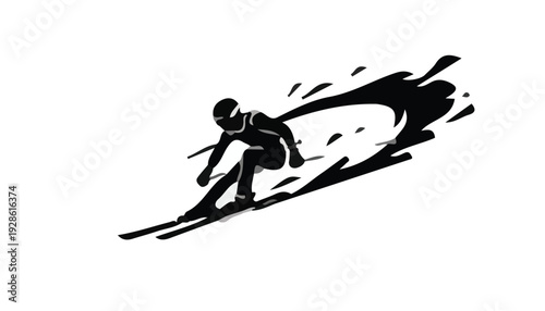 A black silhouette of a skier speeding down a slope with motion blur on a white background.