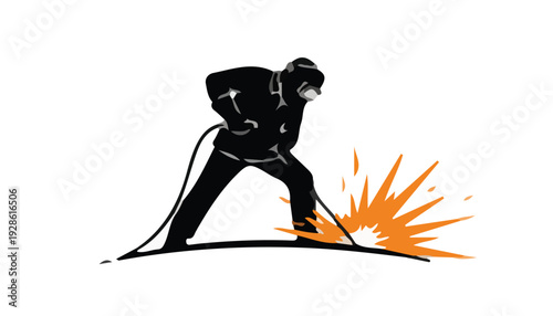 Silhouette of a worker welding with sparks flying against a white background.