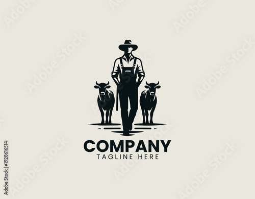 Farmer walking with cows in clean modern agriculture mascot vector illustration