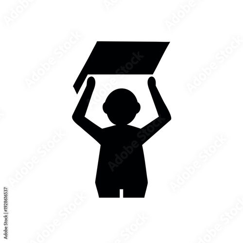 Minimal silhouette pictogram of a child holding a book and reading calmly Vector illustration