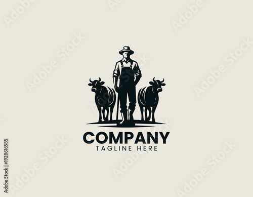 Farmer walking with cows in clean modern agriculture mascot vector illustration