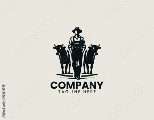 Farmer walking with cows in clean modern agriculture mascot vector illustration