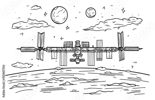 International Space Station Orbiting Planet Vector, ISS Spacecraft in Galaxy Sketch, Satellite and Cosmos Exploration Illustration