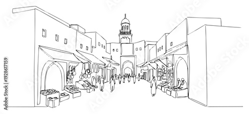 Middle Eastern Street Market One Line Art, Minimalist Continuous Line Drawing of Arab Souk with Mosque, Cultural Travel Illustration