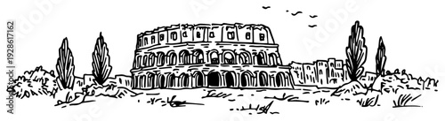 Rome Colosseum Landmark Sketch Vector, Italian Roman Amphitheater Architecture Illustration, Hand Drawn Italy Travel Scenery