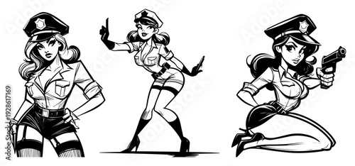 Sexy Pin-up Police Women Vector Set, Female Officers in Uniform Cartoon Illustration, Comic Style Beautiful Cop Portraits