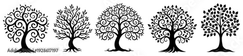 Stylized Tree Silhouette Vector Set, Decorative Life Tree Icons with Swirling Branches and Leaves, Nature Symbol Collection for Design