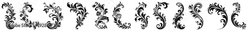 Decorative Floral Flourish Ornament Vector Set, Hand Drawn Elegant Leaf Swirls and Filigree Elements for Border Design