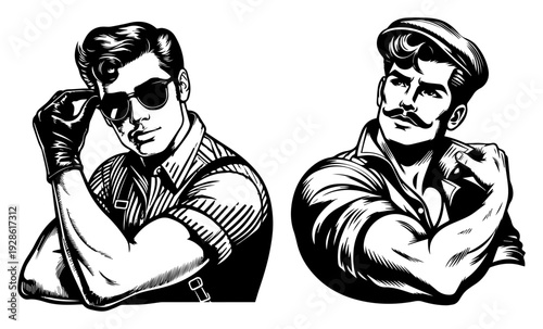 Retro Muscular Men Portrait Vector Illustration, Vintage Masculine Characters with Mustache and Cap in Woodcut Style