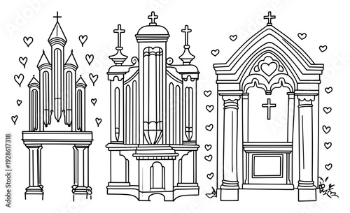 Christian Church Altar and Decorative Facade Vector Set, Religious Architecture Elements with Crosses and Hearts Illustration