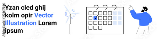 Business planning, scheduling, workflow management, conceptual development, modern design, task organization. Windmill, calendar with checkmark person pointing. Business planning and scheduling