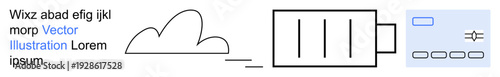 Cloud computing, data storage, software systems, energy management, technology infrastructure, digital interfaces. Abstract cloud, battery and interface symbols. Cloud computing and data storage