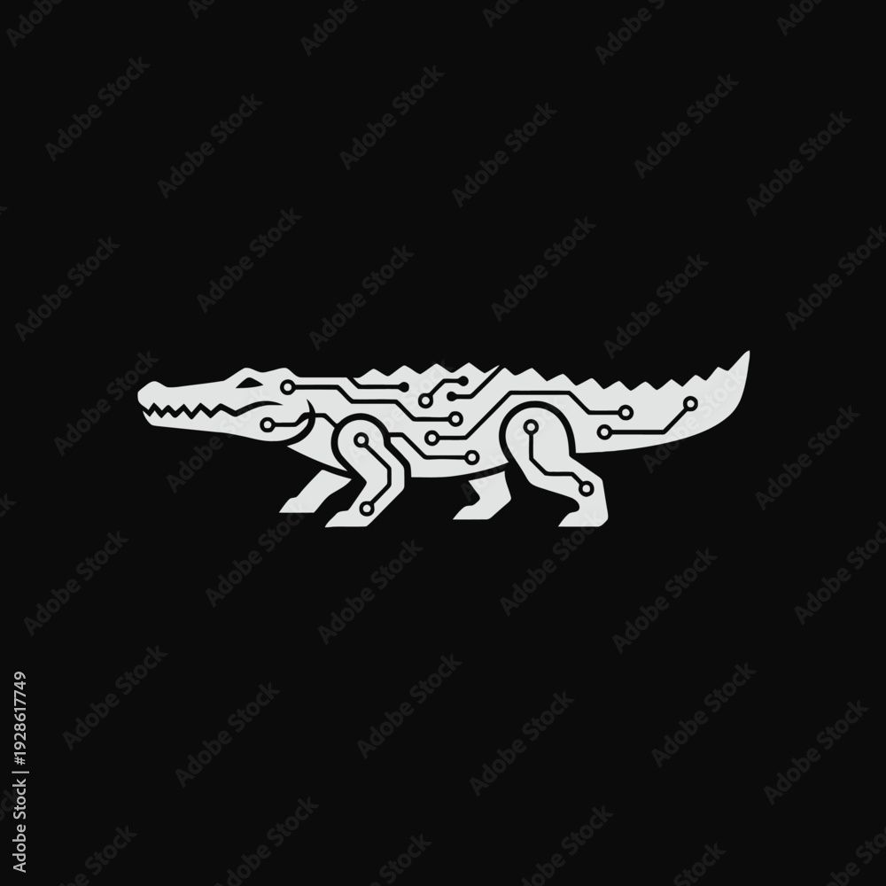 Fototapeta premium White Circuit Board Crocodile Illustration on Black.