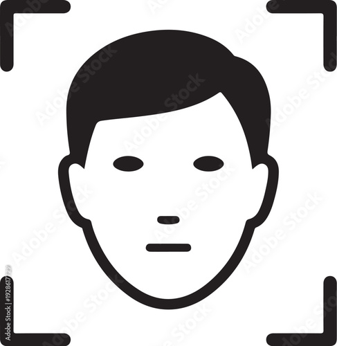 Black and white vector icon of a person's face with short hair, eyes, nose, and mouth, enclosed by a square target frame