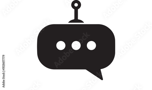 Black flat speech bubble with three white dots and a fishing hook on top, isolated on white background