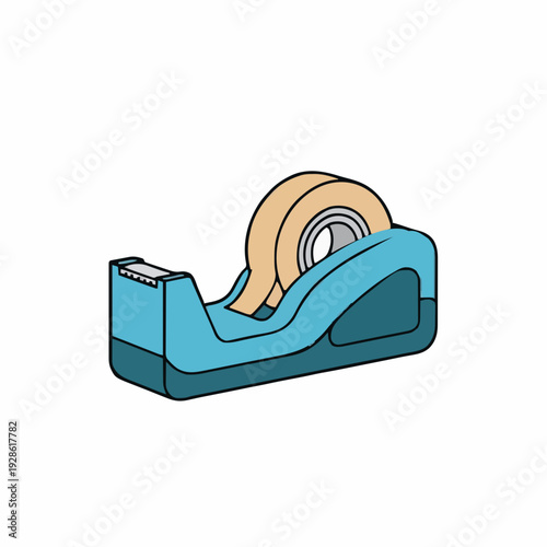 Blue Plastic Tape Dispenser With Beige Adhesive Tape and Silver Metal Blade on a White Background