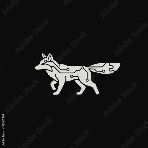 White fox illustration with robotic elements.