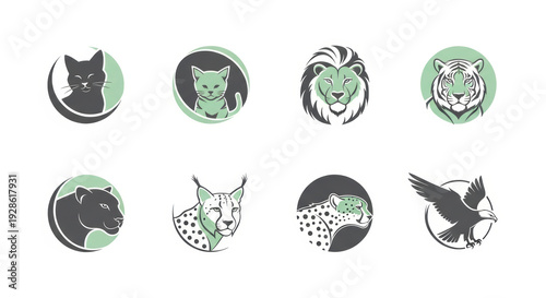Wild Cats Icons Set. Lion, Tiger, Leopard, Panther, Lynx, Eagle