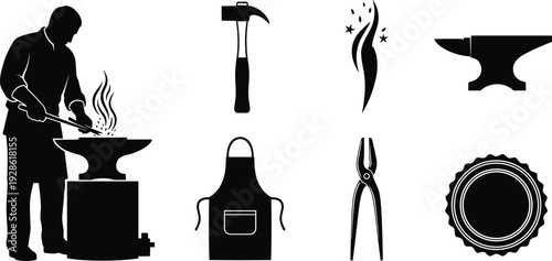 Blacksmith and Forge Tools Vector Illustration Set with Black Silhouette of Smith Working on Anvil Hammer Tongs Apron and Metalwork Equipment Icons
