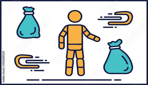 Body Fitness and Mirror Vector Illustration Set with Male Character Silhouette Flexing Muscles Full Length Mirror and Athletic Workout Icons