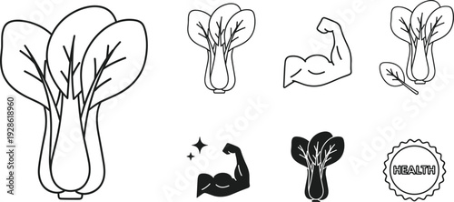 Bok Choy and Leafy Green Vector Illustration Set with Fresh Chinese Cabbage Silhouettes Strong Muscle Arm Icons and Decorative Health Badge Designs