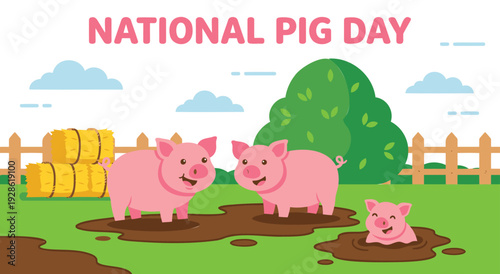 Adorable pink pigs and piglet playing in mud puddles on farm green field with hay bales and wooden fence for national pig day celebration concept banner flat vector design for domestic animals