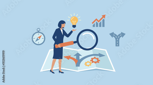 Professional businesswoman using a magnifying glass to analyze a map with multiple directions, representing strategic decision making, opportunity discovery, and finding the path to success.