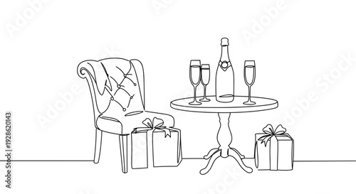 Line drawing of a decorated table with champagne, flutes, and gifts next to a stylish chair on a transparent background