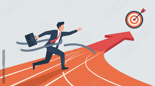 Successful businessman in suit sprinting on a running track crossing the finish line ribbon towards a target bullseye, concept of achievement, career growth, motivation, and reaching goals.