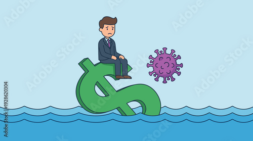 Sad Businessman Sitting on a Green US Dollar Sign Sinking into the Ocean with a Purple Virus Pathogen Floating Nearby, Representing Economic Crisis, Financial Loss, and Global Pandemic Impact.