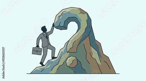 Businessman with briefcase climbing a steep mountain in the shape of a question mark, symbolizing corporate uncertainty, professional challenges, problem solving, and searching for answers.