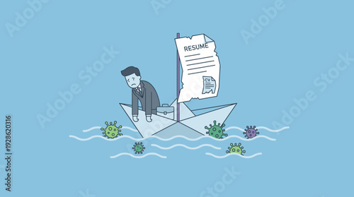 Sad businessman on a paper boat with a resume sail navigating virus-infested waters, metaphor for unemployment, job search, and economic crisis during a global pandemic or health emergency.