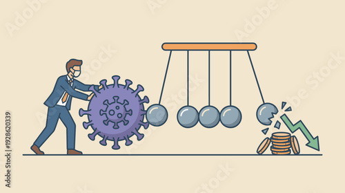 Businessman in mask pushing giant coronavirus cell into Newton's cradle causing domino effect on global economy, breaking money coins and downward arrow, financial crisis and market crash concept.