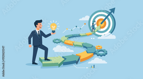Businessman holding a glowing light bulb idea standing on a winding path of arrows leading to a bullseye target. Concept for business strategy, innovation, roadmap, and goal achievement.