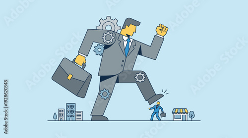 Corporate Monopoly and Small Business Competition Concept with a Giant Businessman with Gears Stepping on a Tiny Entrepreneur, Representing Big Industry vs Local Shop in Vector Illustration.