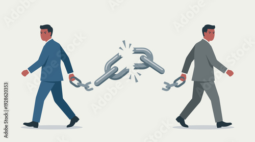 Two businessmen in suits walking in opposite directions and breaking a heavy metal chain link between them, conceptual illustration of business partnership dissolution, conflict, and freedom.