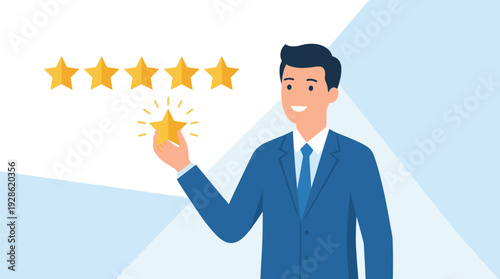 Businessman in a blue suit holding a glowing gold star to complete a five-star rating, symbolizing high-quality customer service, positive feedback, user satisfaction, and business excellence.