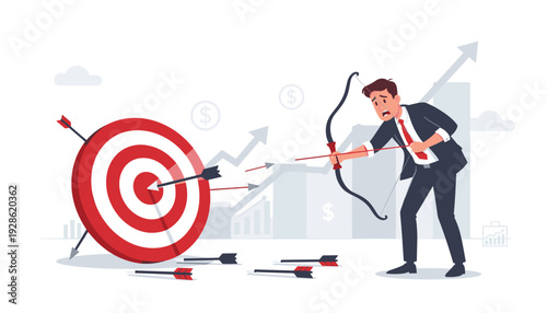 Stressed Businessman Failing to Hit Target with Bow and Arrow, Concept of Missed Business Goals, Financial Mistakes, Professional Error, Work Performance Issues and Lack of Success in Strategy