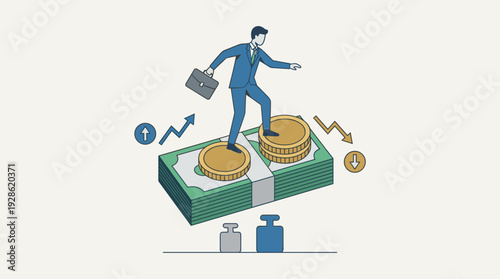 Businessman Balancing on Stacks of Cash and Gold Coins Illustrating Financial Risk, Economic Stability, Investment Strategy, Market Volatility, and Business Growth Trends Vector Illustration.