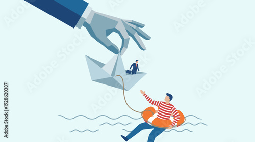 Government Bailout Concept with Giant Hand Rescuing Businessman on Paper Boat while Drowning Person in Lifebuoy is Towed Behind, Financial Crisis Support and Economic Inequality Vector Illustration.