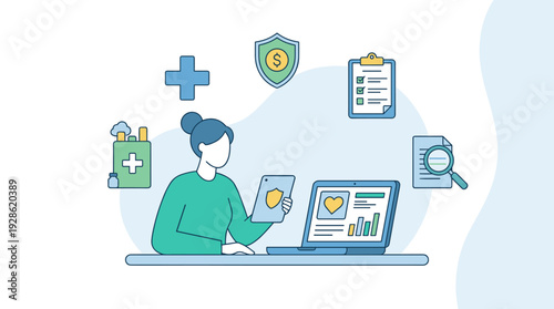 Health check up concept with a patient examining her health online using a laptop and tablet. Digital healthcare, medical insurance, wellness management, and telemedicine vector illustration.