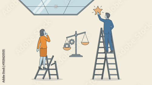 Gender Inequality and Glass Ceiling Concept with Woman on Broken Ladder and Man Reaching for Star on Tall Ladder Illustrating Workplace Discrimination and Unequal Career Opportunities