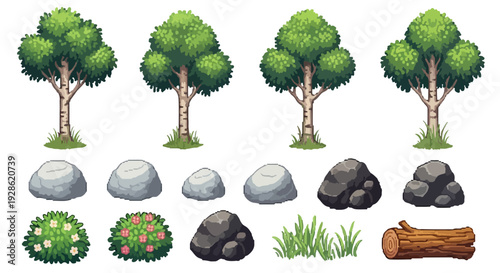 A collection of pixel art natural environment assets including various trees, rocks, flowering bushes, grass, and a log, isolated on white.