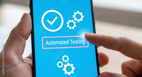 A person interacting with a mobile device for automated testing in a modern workspace.