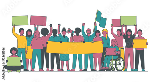 Diverse group of people protesting for human rights, holding various placards and a large banner, advocating for social justice and equality in a powerful demonstration.