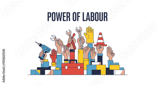 Labour power icon collection. Includes workers, tools, construction. Created in colorful flat style with blue, yellow, red palette