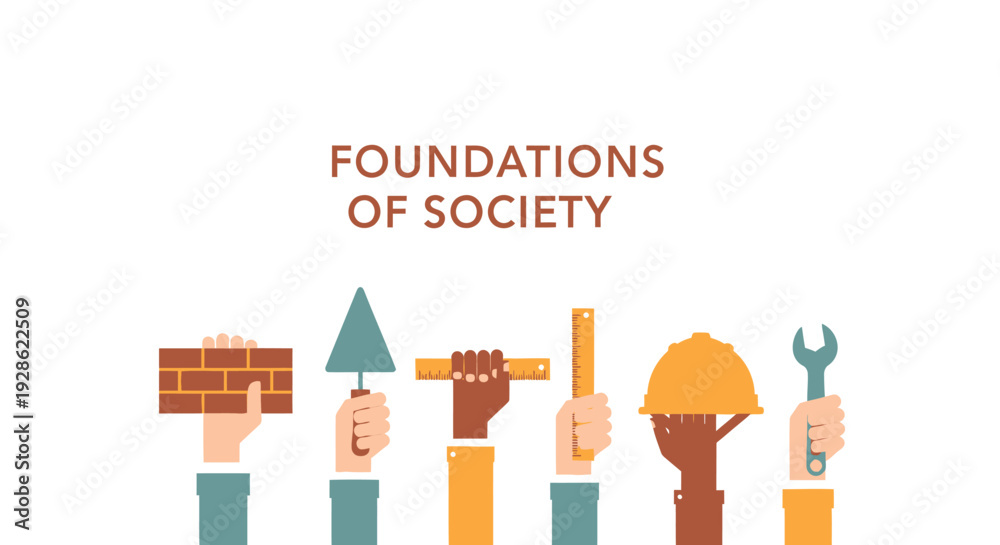 Fototapeta premium Foundations of society icon set. Includes brick, pyramid, hammer, hard hat, and wrench symbols. Created in colorful flat style with orange, yellow, and brown palette