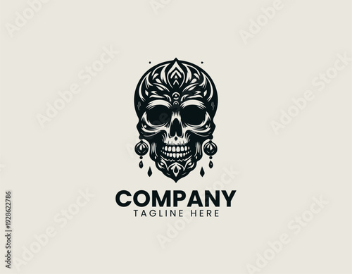 Detailed stylized skull with elongated jaw and earrings is presented as bold monochrome vector logo on clean white background