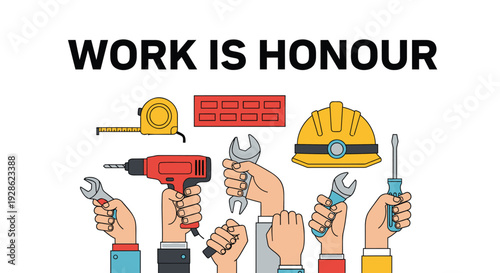 Work and labour icon collection. Includes hands, tools, hard hat. Created in colorful flat style with bright palette.